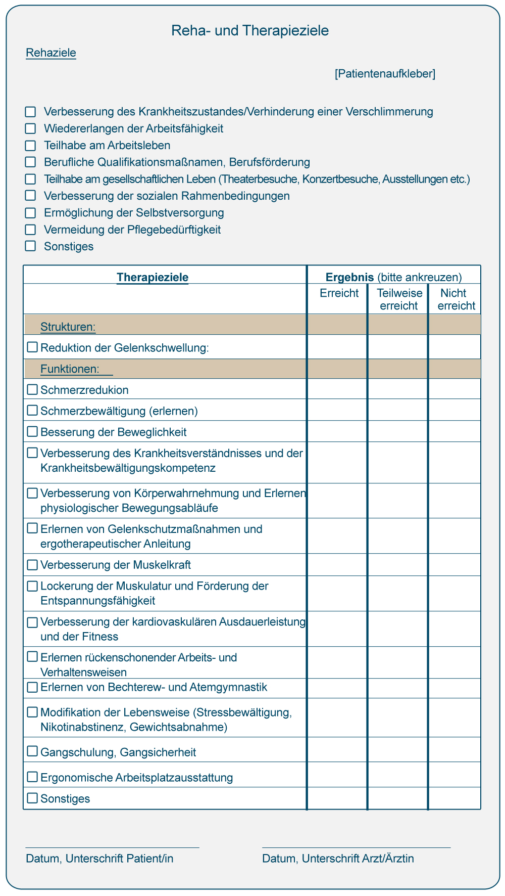 Praxisbeispiel 8a: Ankreuzliste zu Reha- und Therapie-Zielen