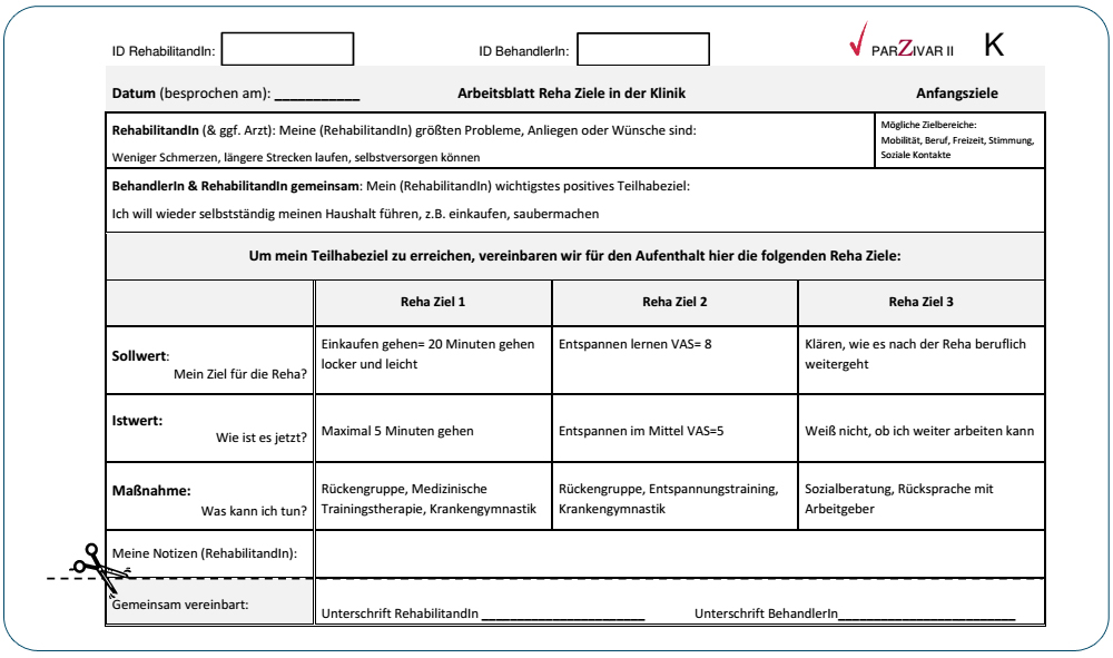 Arbeitsblatt für die gemeinsame Vereinbarung von Reha-Zielen zu Reha-Beginn